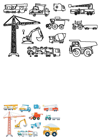 Illustration of various construction vehicles, including trucks, cranes, excavators, cement mixers and a fire engine, as described in the alt text.