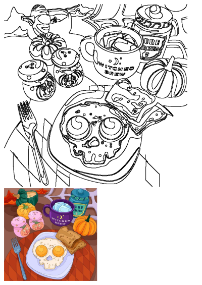 a plate with eggs and toast on it next to some pumpkins, coffee cups and other items