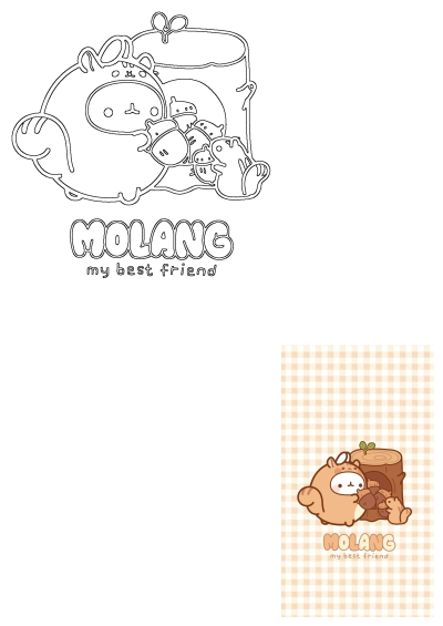 Cute Molang, my best friend, image of the cartoon character dressed as a squirrel holding acorns beside a tree stump on beige checker.