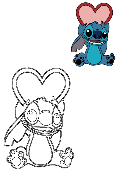 Stitcher art: a cartoon illustration of Stitch holding a heart. A joyful image suitable for stitchers and fans of Stitch.