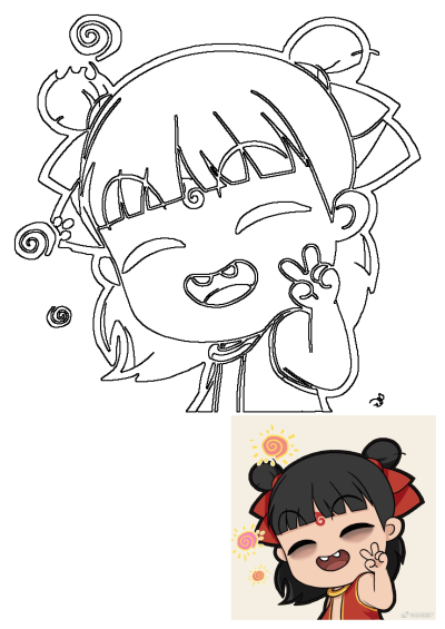 Cartoon girl with black hair and a red top making a peace hand gesture to the side. A cheerful illustration style.