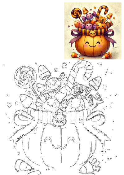 A delightful cartoon pumpkin overflowing with Halloween candy! Lollipops, candy corn, and wrapped treats create a sweet scene. Ideal for Halloween!
