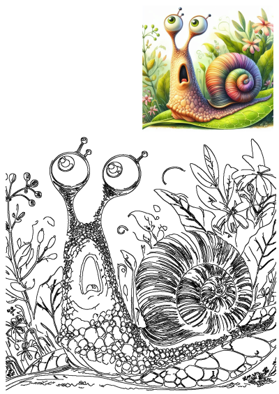 A whimsical painting illustration of a surprised snail with a rainbow shell sitting on a green leaf surrounded by leaves and flowers.