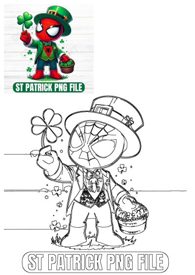 Cartoon Spiderman celebrating St. Patrick's Day, holding a shamrock. St patrick's day file featuring Spiderman in festive attire.
