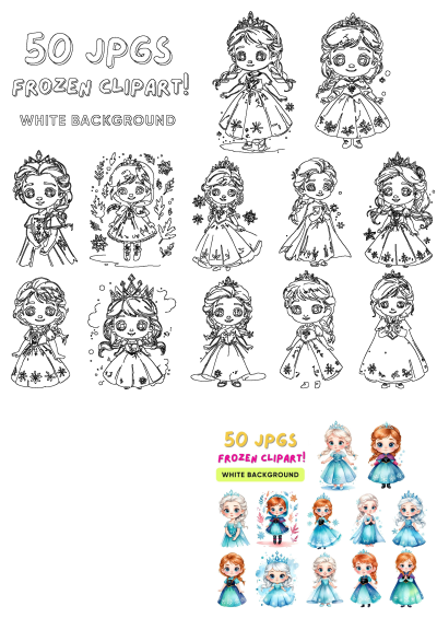 Frozen clipart set featuring princesses Elsa and Anna, snowflakes, and tiaras in various styles. Perfect for Frozen-themed crafts and designs.