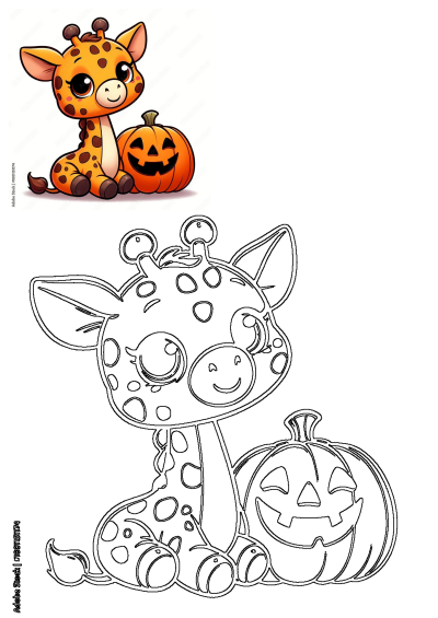 Cute cartoon of a giraffe sitting next to a pumpkin. A fun illustration for Halloween or autumn themed content. The alt information matches.