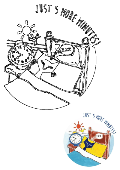 Drawing of a cat in bed with an alarm clock, sun and bird; the text above the bed says, "Just 5 more minutes!". Cartoon of a cat in bed.