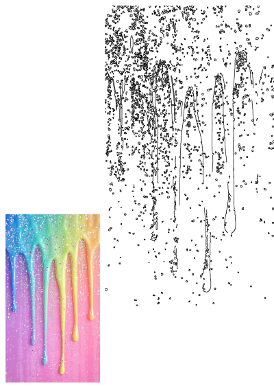 Rainbow paint dripping down a pink wall with white and blue sprinkles. Colorful paint with glitter. Sweet colors for design element.