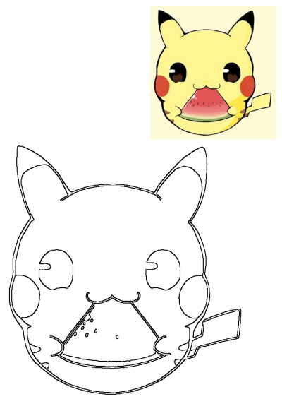 Cute face of a Pikachu with big eyes, enjoying a slice of watermelon. A fun and adorable image perfect for Pokemon fans.