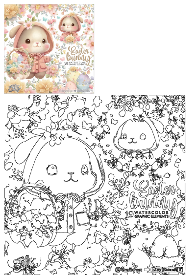 An easter bunny with flowers and eggs in front of a floral wallpaper background. Watercolor game elements for Easter holiday projects.