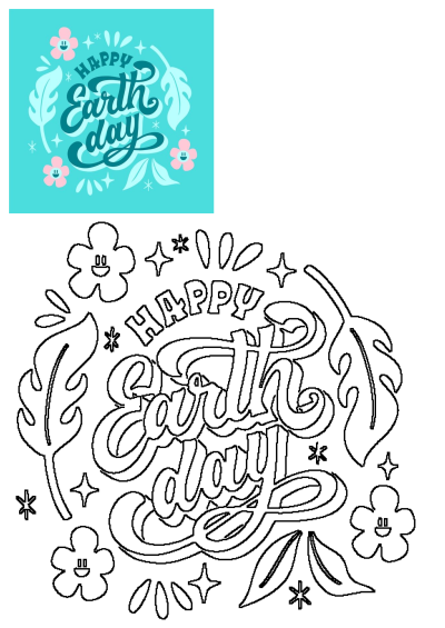 Happy Earth Day written in blue and pink lettering on a turquoise background, adorned with flowers and leaves. Celebrate and protect our planet!