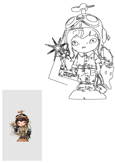 A cute pilot boy toy with helmet and goggles, standing amidst artistic elements. A unique display of creativity and charm.