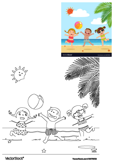 Three cartoon children playing on the beach with a ball under a palm tree, sun, and clouds. Beach vacation fun.