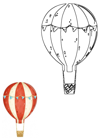 Watercolor painting of a red and white striped hot air balloon decorated with blue buntings. Whimsical illustration for travel, celebrations.