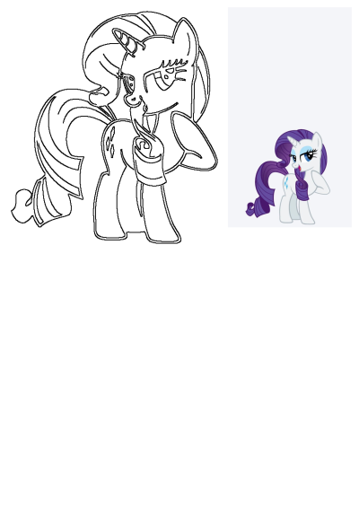 Illustration of Rarity, a white unicorn pony from My Little Pony, with purple hair and tail and blue eyes, smiling and looking surprised.