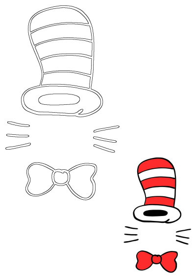 The Cat in the Hat illustration showing the iconic red and white striped hat, whiskers, and a red bow tie, in a classic style, as the cat in the hat is wearing a bow tie.