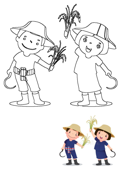 Two children with hats holding stalks of wheat. One child is wearing a blue outfit. Represents harvest, farming, and rural life.