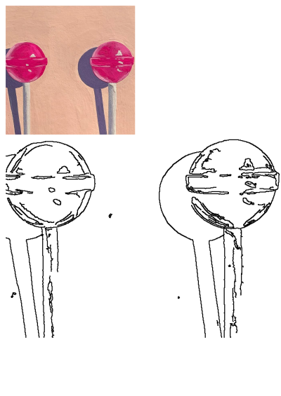 Whimsical still life of two pink lollipops standing in front of a peach-colored wall, casting shadows. Sweet treats art.