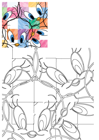 Pastel colored squares with Tweety heads in a playful design. A cartoon drawing featuring partly colored Tweety, Disney-style.