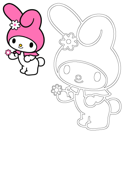 My Melody is holding a flower and wearing a pink hat with flowers on it. Cute cartoon character with simple design.