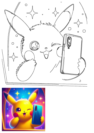 Cartoon Pikachu holding a cell phone for a selfie in front of a bright, star-filled background. A charming image for Pokemon fans.