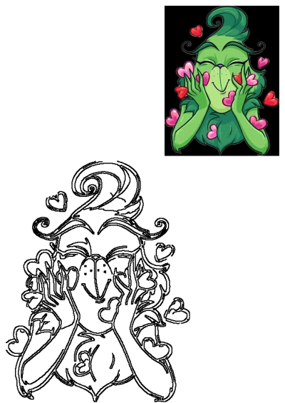 Cheerful Grinch character surrounded by floating hearts. A cartoon depiction of love and joy with the iconic green figure.