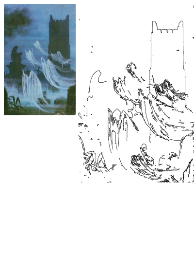 Painting on a book cover depicting ghosts rising from a misty cemetery, with a dark tower in the background. Eerie and atmospheric.