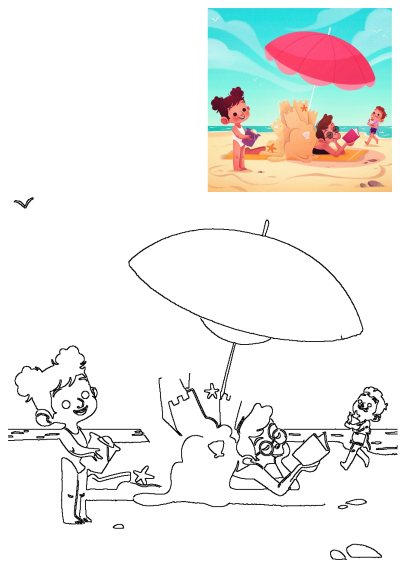 Cartoon of children playing on the beach with a pink umbrella, a sand castle decorated with starfish and seashells in front of them.