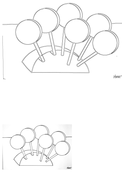 Line drawing of lollipops arranged in a circle on a table. Simple black and white illustration of sweet treats. Perfect for coloring or design.