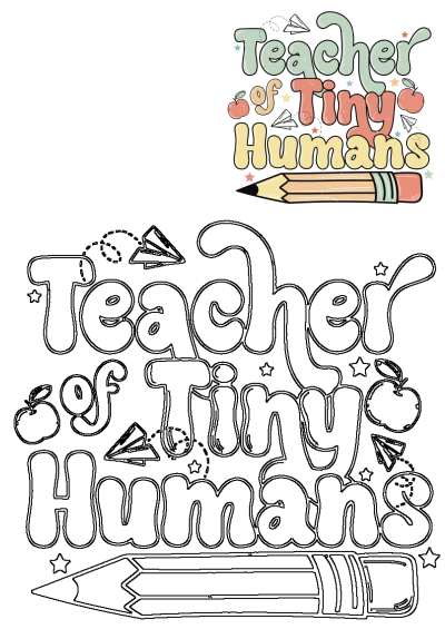 Image: Colorful 'Teacher of Tiny Humans' graphic with pencil, apples, paper planes and stars. Perfect for teachers and educators!