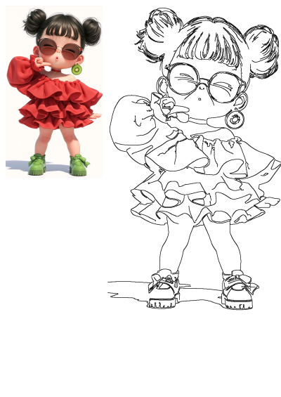 Cartoon girl with twin buns, sunglasses, red dress, kiwi earrings, and green shoes, in a playful pose with finger to her cheek.