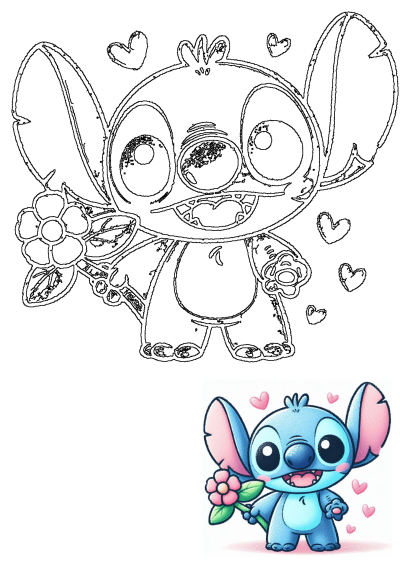 A cartoon of Stitch holding a flower with hearts around it. Cute and adorable illustration of Lilo and Stitch's lovable alien friend.