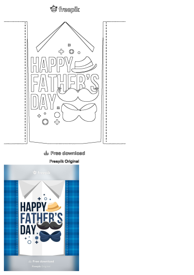 Happy Father's Day card featuring a mustache and bow tie, complete with a hat, set against a stylish blue shirt background.