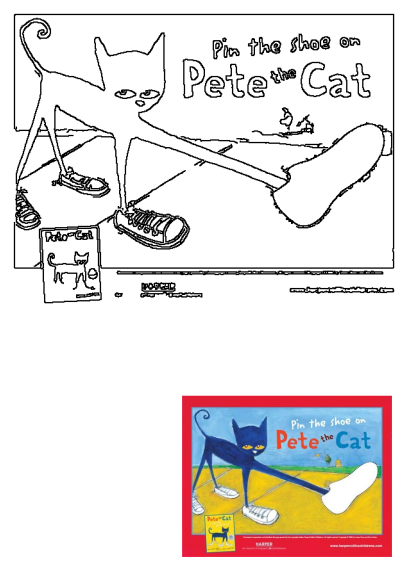 Pete the Cat book cover for a 'Pin the Shoe on Pete the Cat' game. A fun activity based on the popular children's book series for kids.