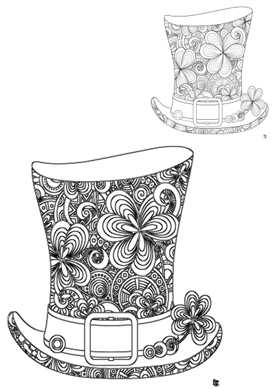 A drawing of a top hat with flowers on it, perfect for a St. Patrick's Day coloring page. Detailed floral and shamrock patterns fill the hat.