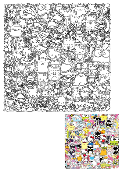 Image of various Sanrio characters in sticker form, including Hello Kitty. A mix of different colored stickers on a white background with Hello Kitty.