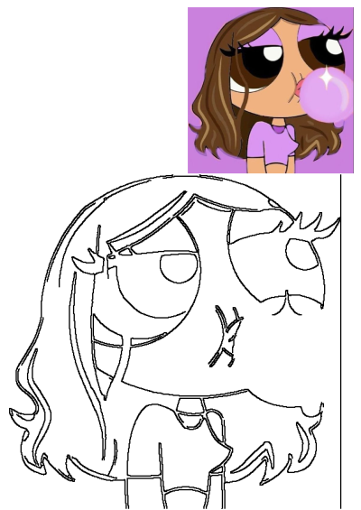 Allie ?? as a Powerpuff Girl blowing a bubble, wearing a purple top, set against a purple background. Cartoon illustration.