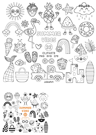 Summer vibes clipart set illustration featuring beach and summer themed drawings in black and white. Perfect for creative summer projects.