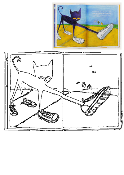 An open children's book features a black cat wearing white tennis shoes. From the story, Pete the Cat loves his brand-new white shoes.