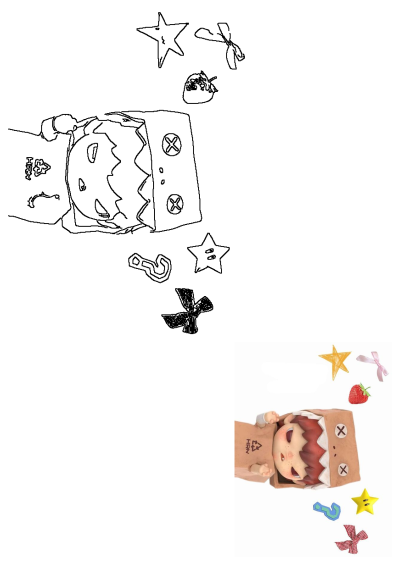 A whimsical paper doll figure in a box 'bed' amidst floating stars, bows, and a strawberry. Playful dreamlike scene with charming details.