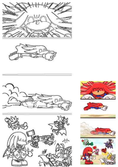 Sonic the Hedgehog comic strip featuring Knuckles as Superman flying through the air, and other characters with super hero costumes.