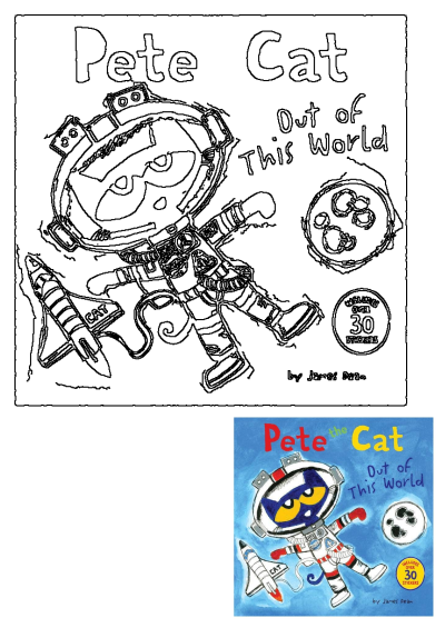 Pete the Cat Out of This World book cover. Features Pete as an astronaut with a space shuttle, perfect for space adventures!