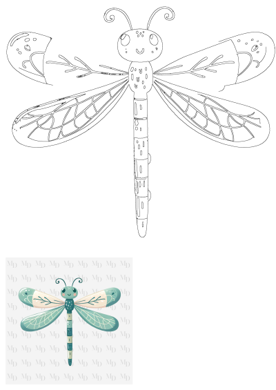 Illustration of a blue dragonfly with a cute face. The alt says it's a blue dragonfly sitting on top of a white wall, though it's just the background.