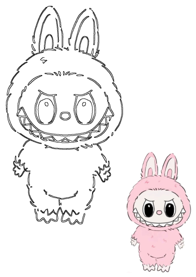 Illustration of a cute and slightly scary pink monster character wearing a bunny suit with jagged teeth and big eyes.