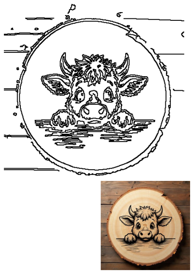 Highland Cow graphic design SVG PNG for 2025, showcasing a cute cartoon cow on a wooden slice. Great for crafts and decorations.