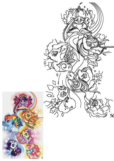 Colorful drawing by Mark McCrae depicts the My Little Pony rainbow pony family, including Twilight Sparkle, Rainbow Dash, and Pinkie Pie.