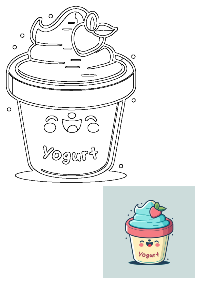 Cute cartoon of a yogurt cupcake. It has blue frosting, a strawberry on top, and the word 'Yogurt' on the cup. Kawaii style.