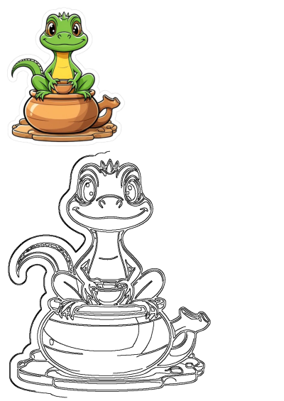 Cartoon green lizard sitting on top of a clay pot with a teapot in it, cartoon drawing, perfect for children's book illustrations.