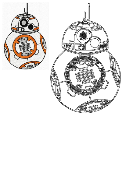 Embroidered image of BB-8, the adorable droid from Star Wars. Features an orange and grey design on a white background, perfect for fans.
