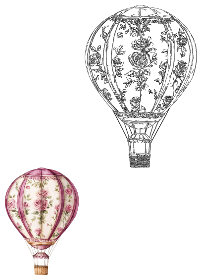 Watercolor painting of a hot air balloon decorated with a beautiful roses design. Perfect for vintage or floral themed projects.